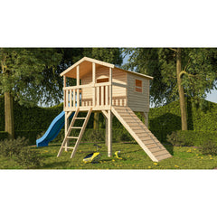 Akubi Stelzenhaus "Benjamin" SET naturbelassen mit Holzrampe, Rutsche 3m blau – Vorschau 1