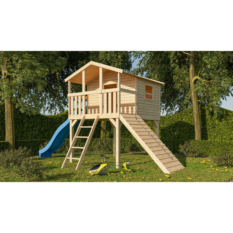 Maison sur pilotis Akubi "Benjamin" SET naturel avec rampe en bois, toboggan 3m bleu