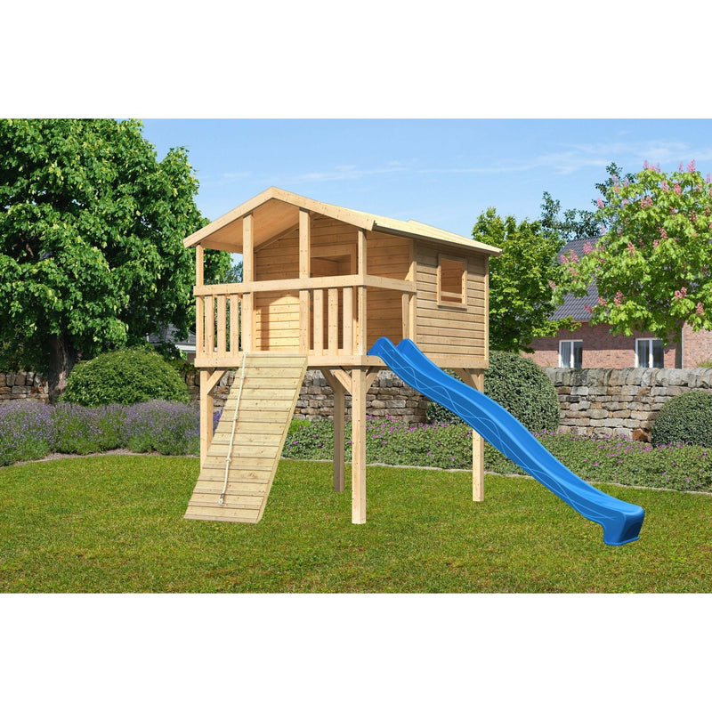 Maison sur pilotis Akubi "Benjamin" SET naturel avec rampe en bois, toboggan 3m bleu