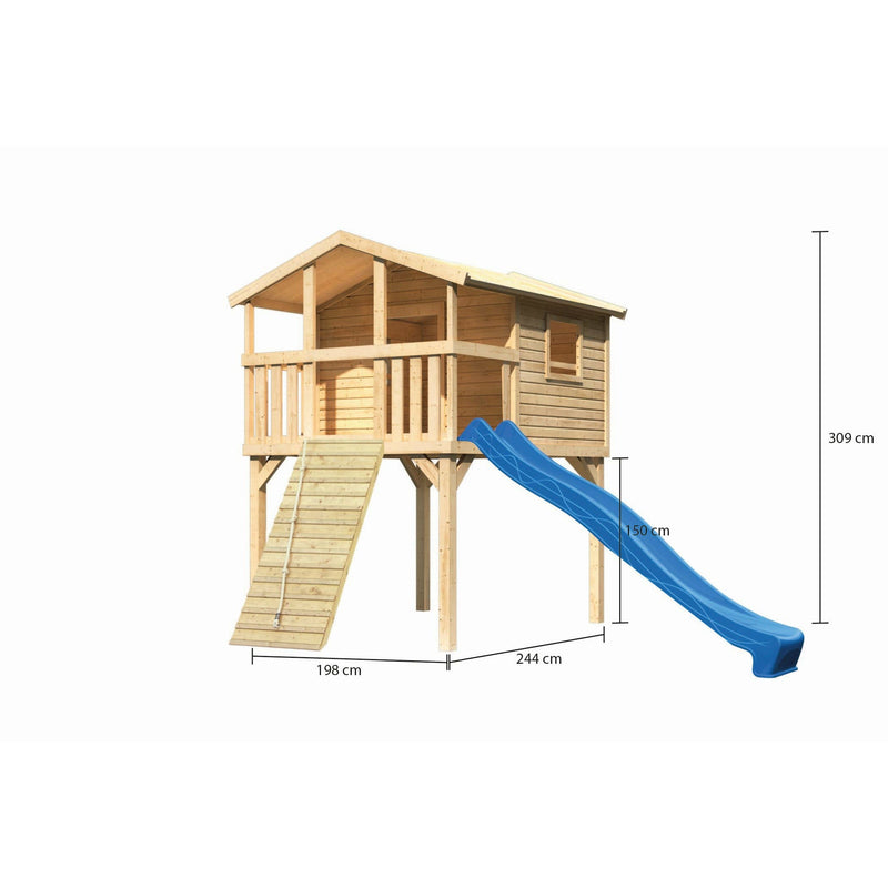 Maison sur pilotis Akubi "Benjamin" SET naturel avec rampe en bois, toboggan 3m bleu