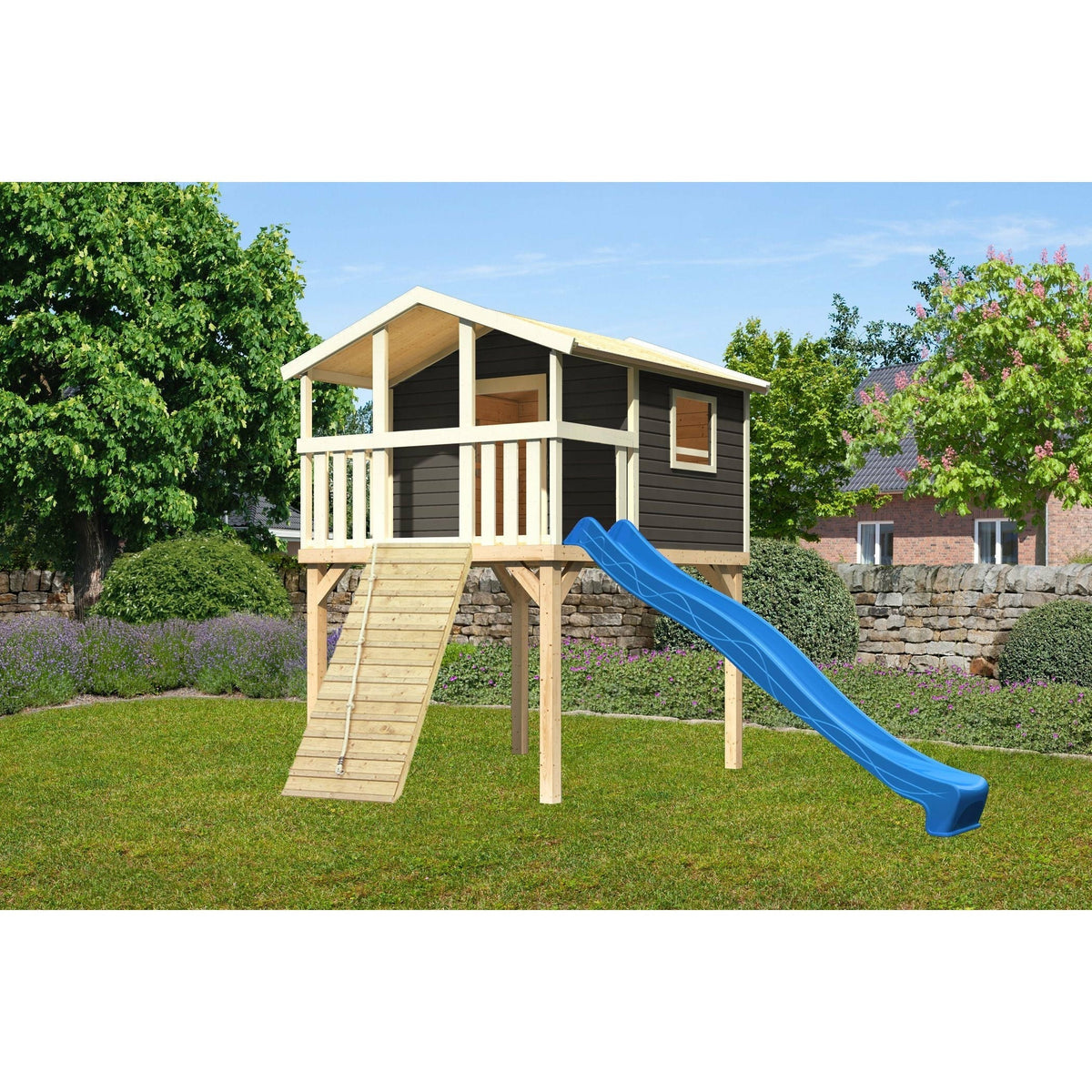 Casetta su palafitte Akubi "Benjamin" SET grigio terra con rampa in legno, scivolo 3m blu