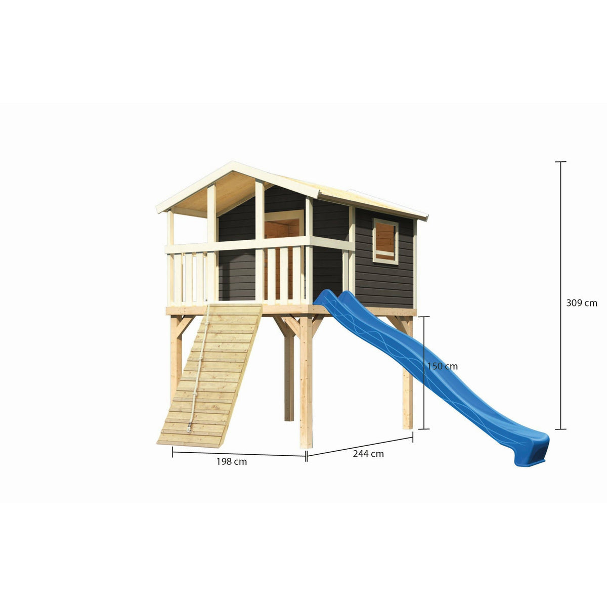 Casetta su palafitte Akubi "Benjamin" SET grigio terra con rampa in legno, scivolo 3m blu