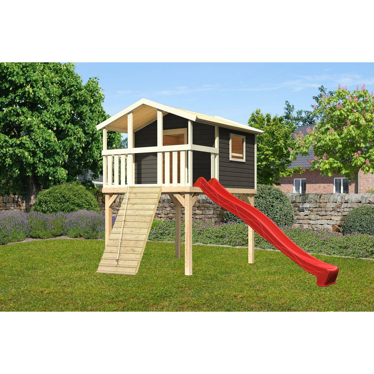 Casetta su palafitte Akubi "Benjamin" SET grigio terra con rampa in legno, scivolo 3m rosso
