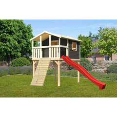 Casetta su palafitte Akubi "Benjamin" SET grigio terra con rampa in legno, scivolo 3m rosso – Vorschau 1