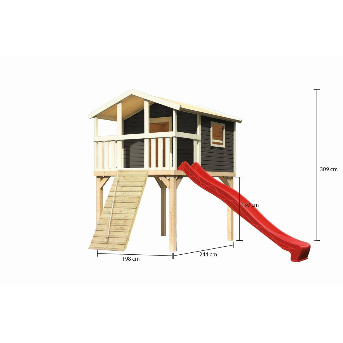 Casetta su palafitte Akubi "Benjamin" SET grigio terra con rampa in legno, scivolo 3m rosso