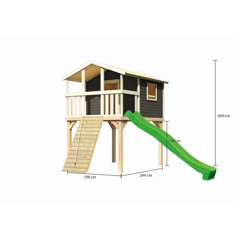 Akubi Stelzenhaus "Benjamin" SET terragrau mit Holzrampe, Rutsche 3m grün
