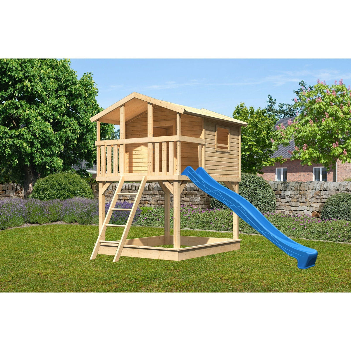 Casetta su palafitte Akubi "Benjamin" SET legno naturale con sabbiera, scivolo 3m blu