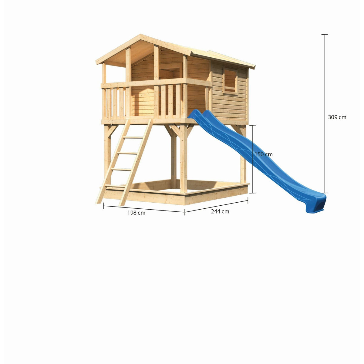 Casetta su palafitte Akubi "Benjamin" SET legno naturale con sabbiera, scivolo 3m blu