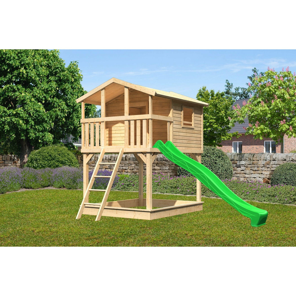 Akubi Stelzenhaus "Benjamin" SET naturbelassen mit Sandkasten, Rutsche 3m grün