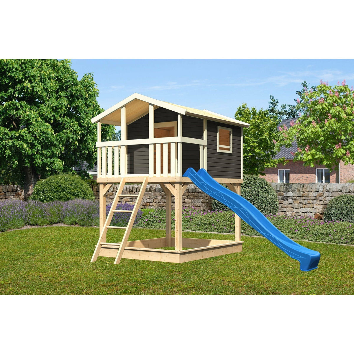 Casetta su palafitte Akubi "Benjamin" SET grigio terra con sabbiera, scivolo 3m blu