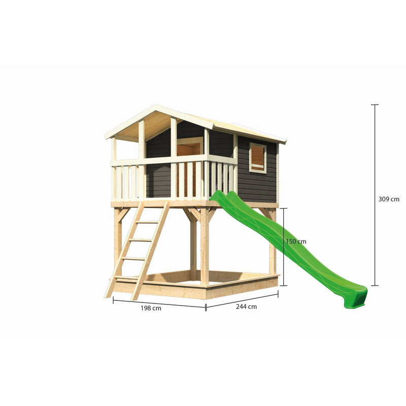 Akubi Stelzenhaus "Benjamin" SET terragrau mit Sandkasten, Rutsche 3m grün