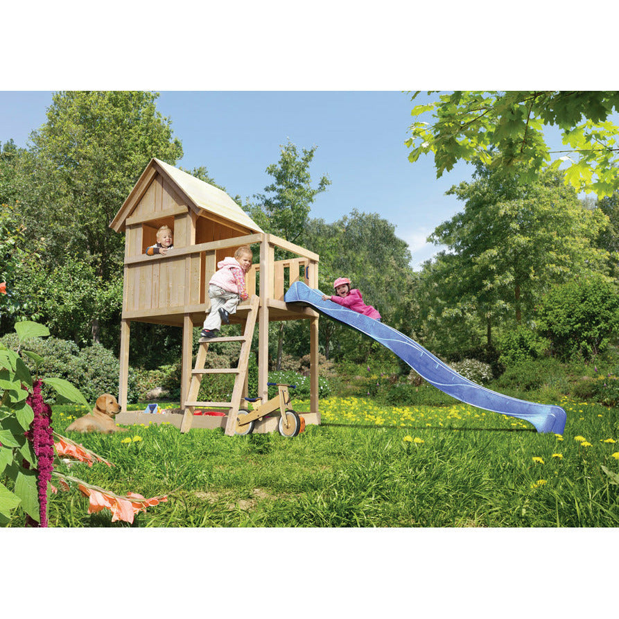 Akubi Kinderspielhaus "Frieda" SET AKTION2 naturbelassen mit Anbau und Rutsche blau