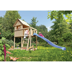 Akubi Kinderspielhaus "Frieda" SET AKTION2 naturbelassen mit Anbau und Rutsche blau – Vorschau 1