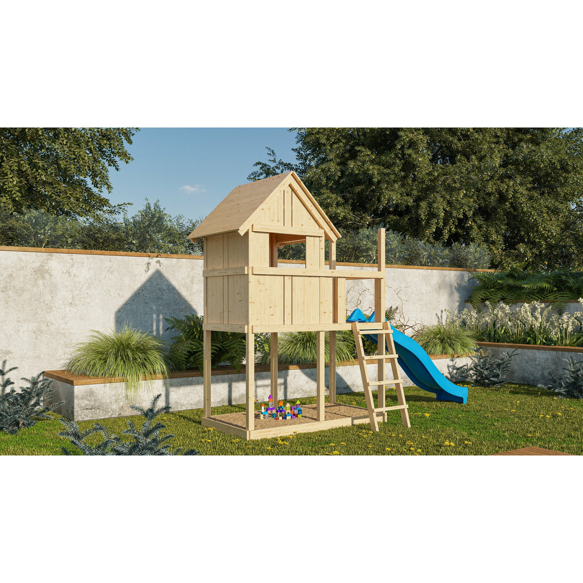 Akubi Kinderspielhaus "Frieda" SET AKTION2 naturbelassen mit Anbau und Rutsche blau