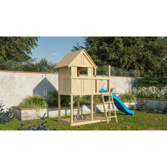 Akubi Kinderspielhaus "Frieda" SET AKTION2 naturbelassen mit Anbau und Rutsche blau – Vorschau 2
