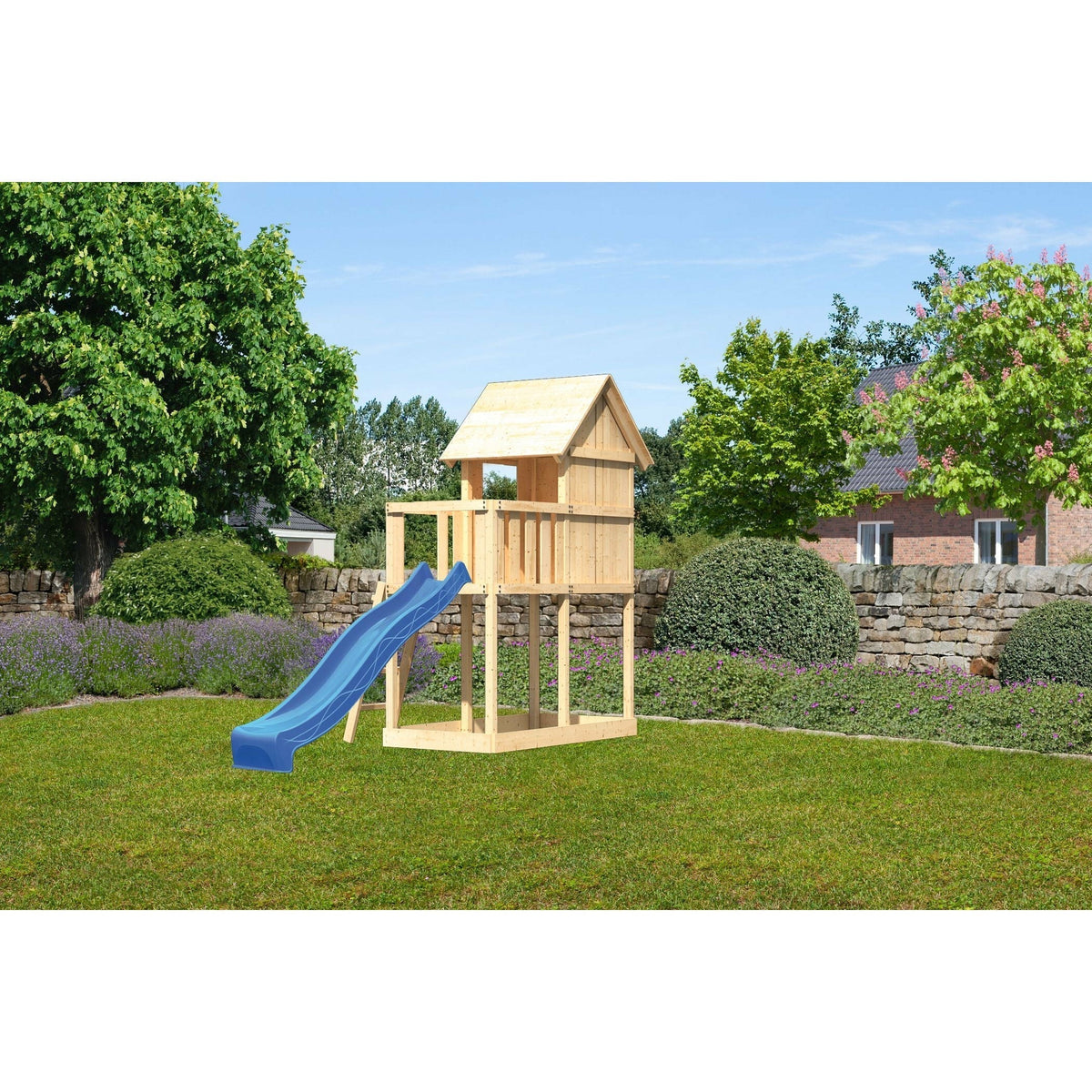 Akubi Kinderspielhaus "Frieda" SET AKTION2 naturbelassen mit Anbau und Rutsche blau