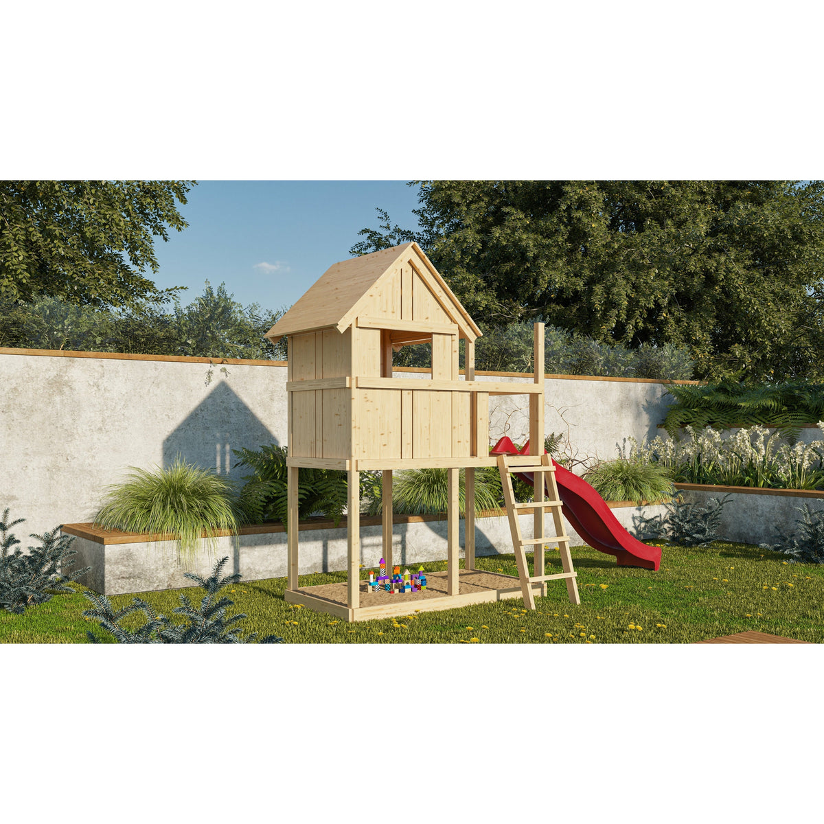 Akubi Kinderspielhaus "Frieda" SET AKTION2 naturbelassen mit Anbau und Rutsche rot
