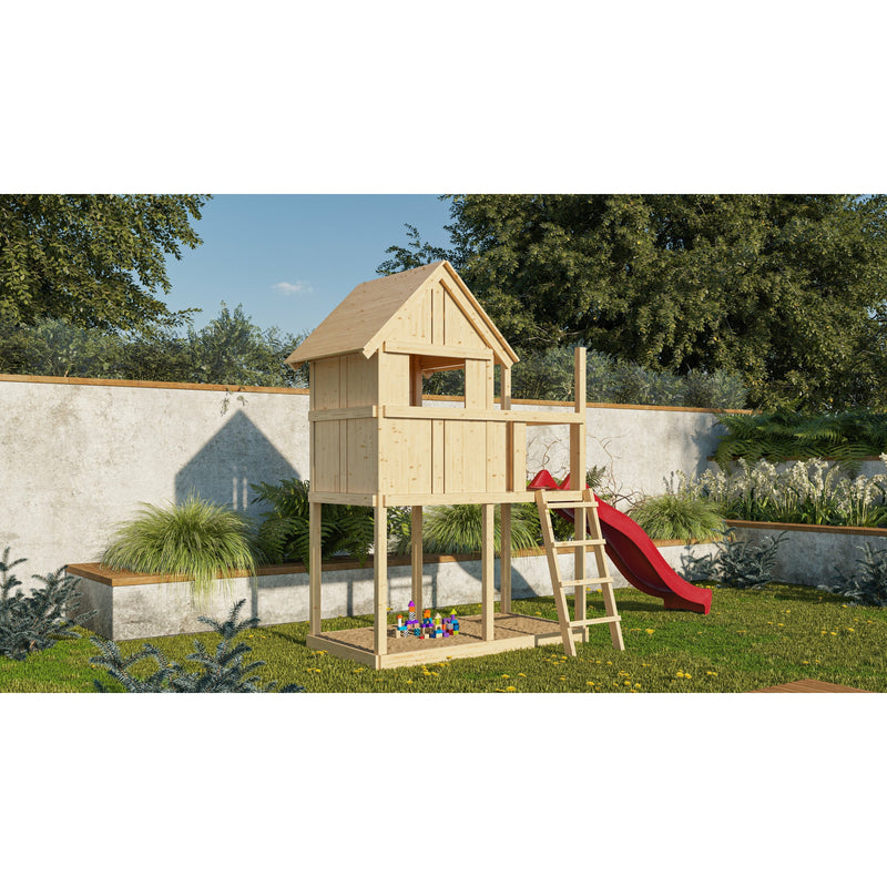 Akubi Kinderspielhaus "Frieda" SET AKTION2 naturbelassen mit Anbau und Rutsche rot