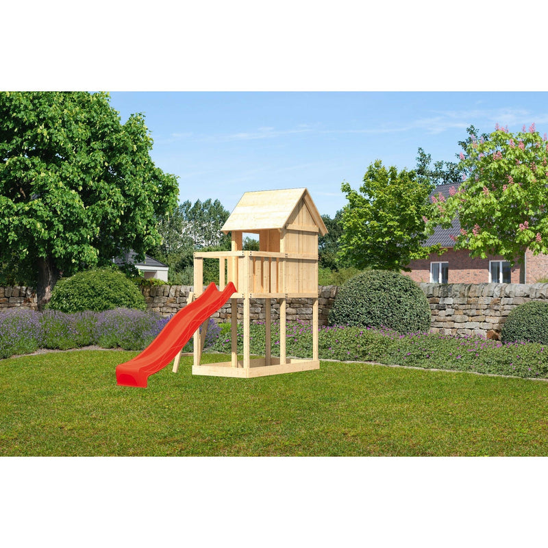 Akubi Kinderspielhaus "Frieda" SET AKTION2 naturbelassen mit Anbau und Rutsche rot