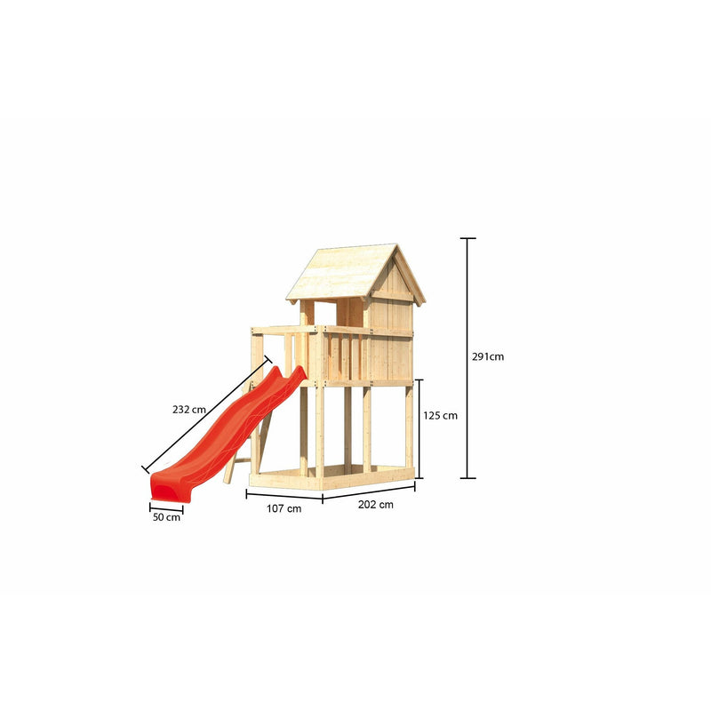 Akubi Kinderspielhaus "Frieda" SET AKTION2 naturbelassen mit Anbau und Rutsche rot