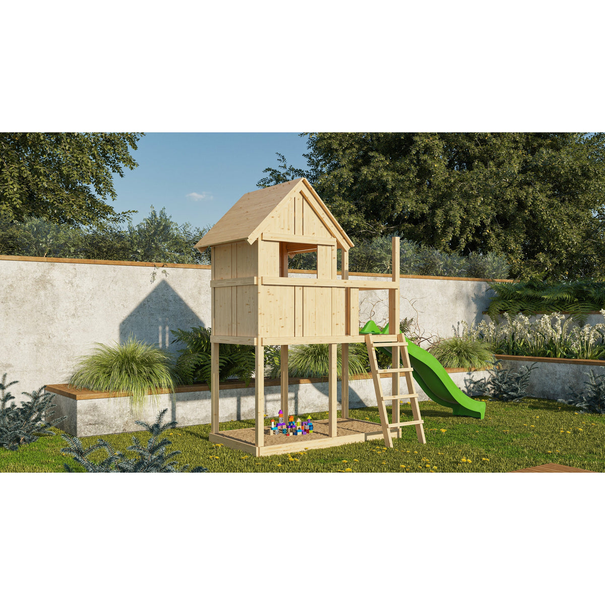 Akubi Kinderspielhaus "Frieda" SET AKTION2 naturbelassen mit Anbau und Rutsche grün
