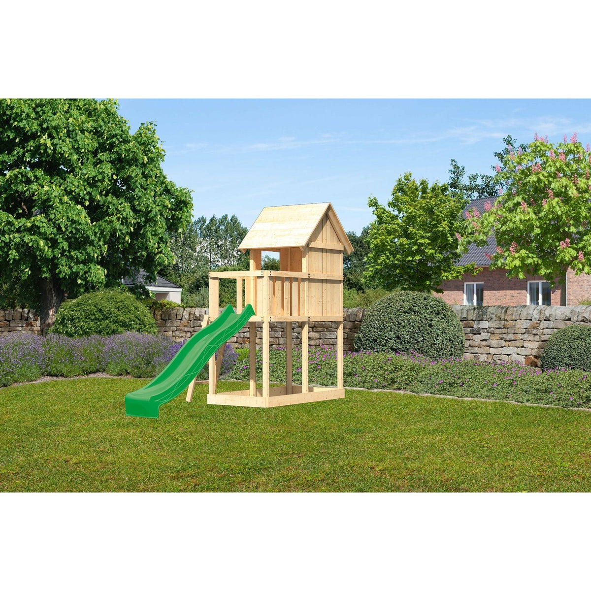 Akubi Kinderspielhaus "Frieda" SET AKTION2 naturbelassen mit Anbau und Rutsche grün