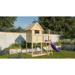 Akubi Kinderspielhaus "Frieda" SET AKTION2 naturbelassen mit Anbau und Rutsche violett – Vorschau 1