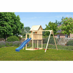 Akubi Kinderspielhaus "Frieda" SET AKTION2 naturbelassen mit Anbau, Doppelschaukel und Rutsche blau – Vorschau 1