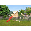 Maisonnette pour enfants Akubi "Frieda" SET ACTION2 naturel avec extension, double balançoire et toboggan rouge