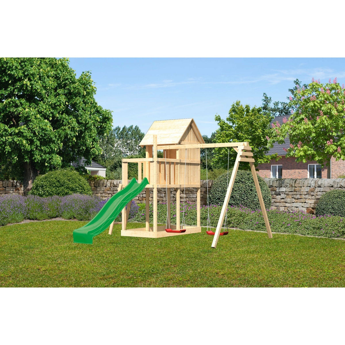 Akubi Kinderspielhaus "Frieda" SET AKTION2 naturbelassen mit Anbau, Doppelschaukel und Rutsche grün