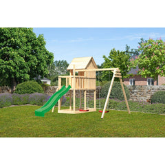 Akubi Kinderspielhaus "Frieda" SET AKTION2 naturbelassen mit Anbau, Doppelschaukel und Rutsche grün – Vorschau 1