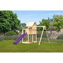 Maisonnette pour enfants Akubi "Frieda" SET ACTION2 naturel avec extension, balançoire double et toboggan violet