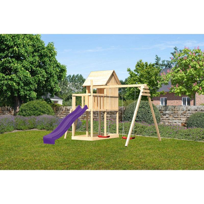 Akubi children's playhouse "Frieda" SET ACTION2 natural with extension, double swing and slide purple