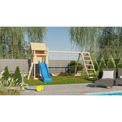 Akubi Kinderspielhaus "Frieda" SET AKTION2 naturbelassen mit Anbau, Doppelschaukel, Klettergerüst und Rutsche blau – Vorschau 1