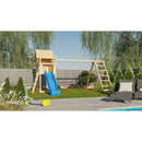Maison de jeux pour enfants Akubi "Frieda" SET ACTION2 naturel avec extension, balançoire double, structure d'escalade et toboggan bleu