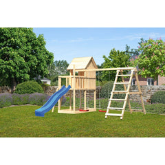 Akubi Kinderspielhaus "Frieda" SET AKTION2 naturbelassen mit Anbau, Doppelschaukel, Klettergerüst und Rutsche blau – Vorschau 2