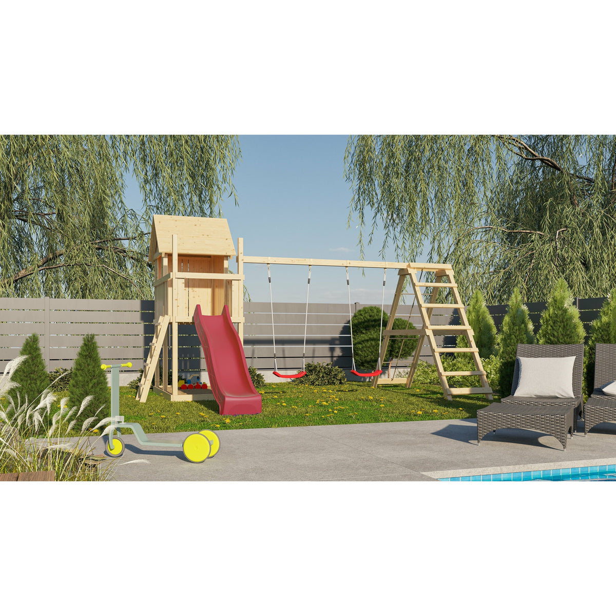 Akubi Kinderspielhaus "Frieda" SET AKTION2 naturbelassen mit Anbau, Doppelschaukel, Klettergerüst und Rutsche rot
