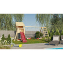 Maison de jeux pour enfants Akubi "Frieda" SET ACTION2 naturel avec extension, balançoire double, structure d'escalade et toboggan rouge