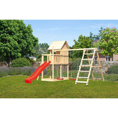 Akubi Kinderspielhaus "Frieda" SET AKTION2 naturbelassen mit Anbau, Doppelschaukel, Klettergerüst und Rutsche rot – Vorschau 2
