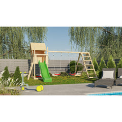 Akubi Kinderspielhaus "Frieda" SET AKTION2 naturbelassen mit Anbau, Doppelschaukel, Klettergerüst und Rutsche grün – Vorschau 1