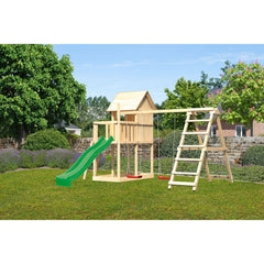Akubi Kinderspielhaus "Frieda" SET AKTION2 naturbelassen mit Anbau, Doppelschaukel, Klettergerüst und Rutsche grün – Vorschau 2