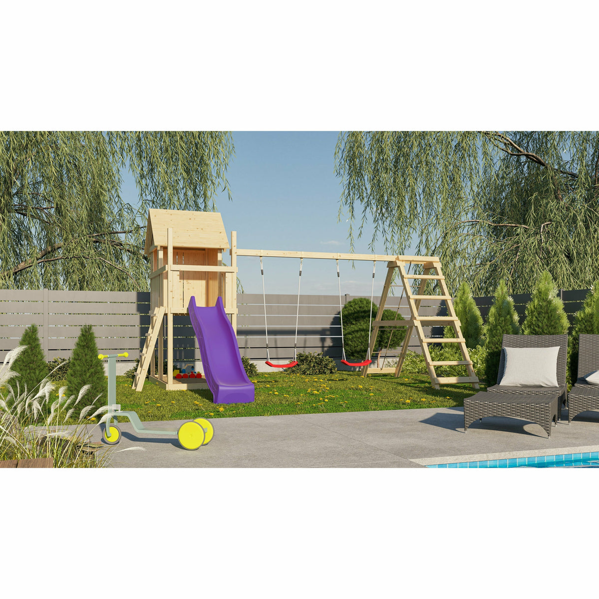 Akubi Kinderspielhaus "Frieda" SET AKTION2 naturbelassen mit Anbau, Doppelschaukel, Klettergerüst und Rutsche violett