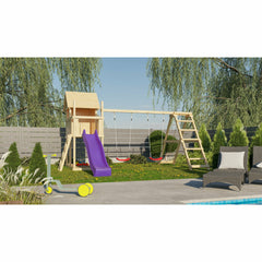 Akubi Kinderspielhaus "Frieda" SET AKTION2 naturbelassen mit Anbau, Doppelschaukel, Klettergerüst und Rutsche violett – Vorschau 1