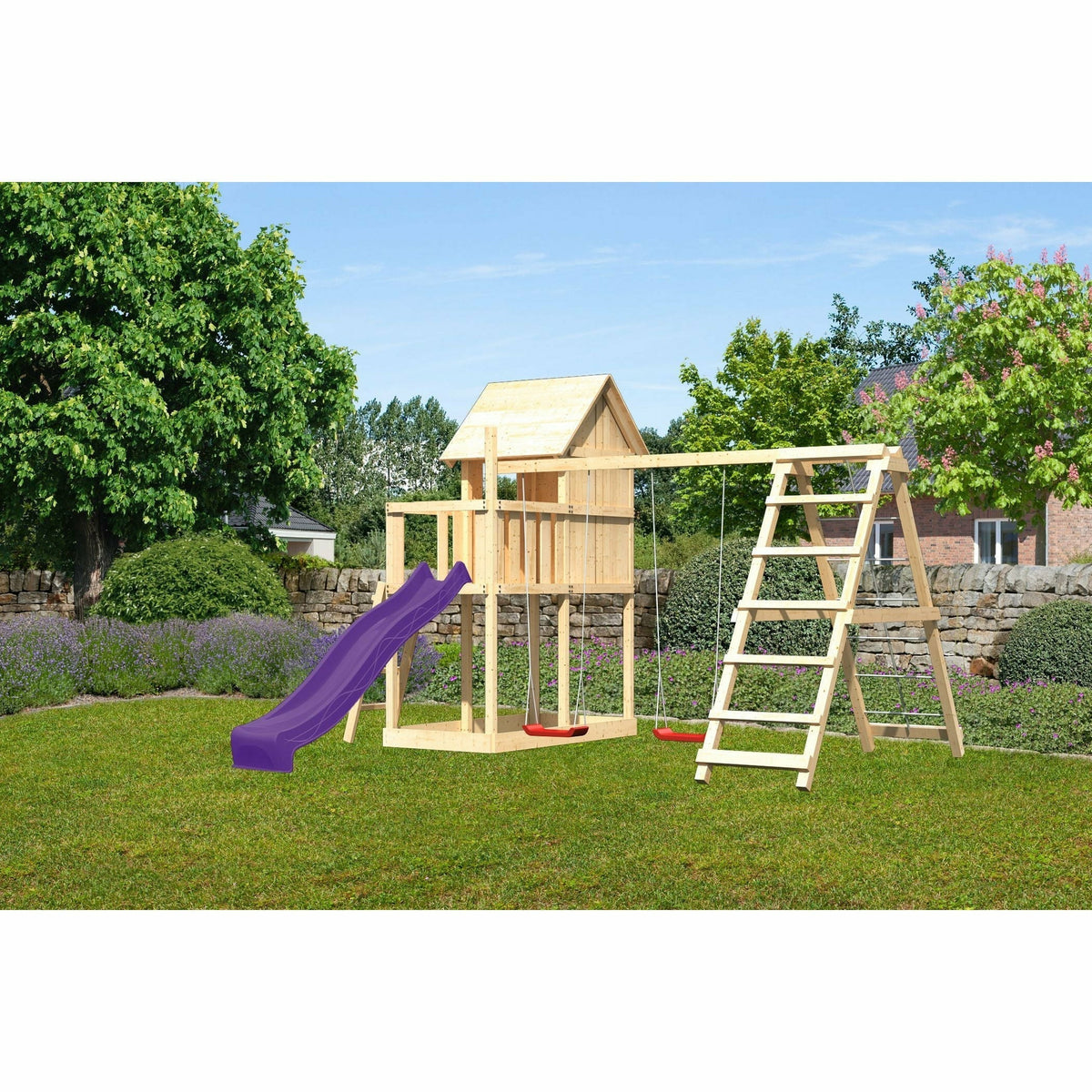 Akubi Kinderspielhaus "Frieda" SET AKTION2 naturbelassen mit Anbau, Doppelschaukel, Klettergerüst und Rutsche violett