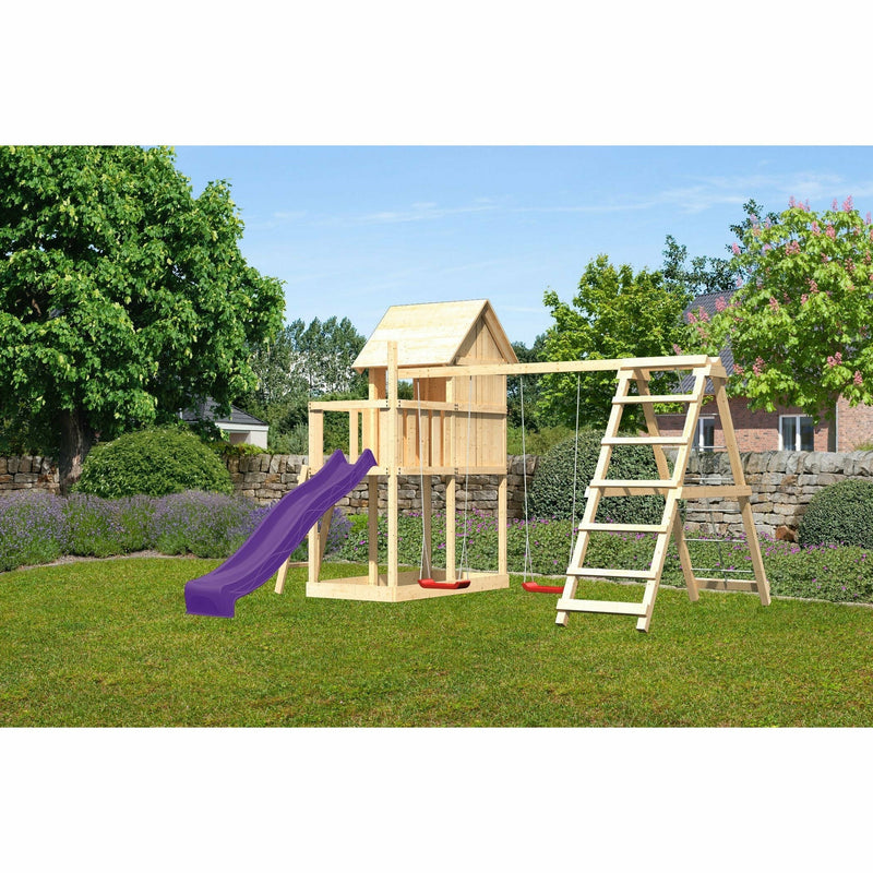 Akubi children's playhouse "Frieda" SET ACTION2 natural with extension, double swing, climbing frame and slide purple