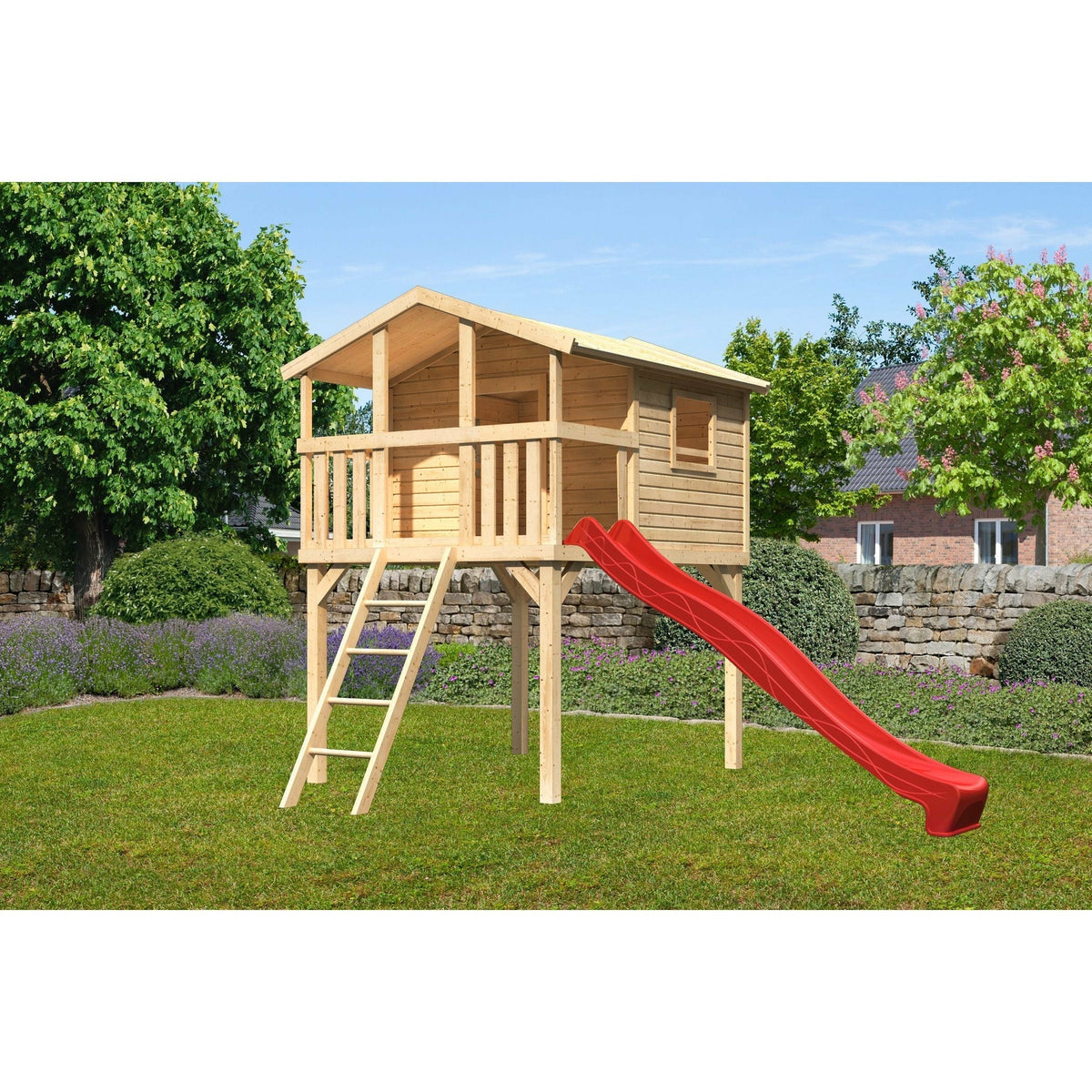 Akubi Casetta su palafitte "Benjamin" SET PROMOZIONE2 in legno naturale con scivolo rosso