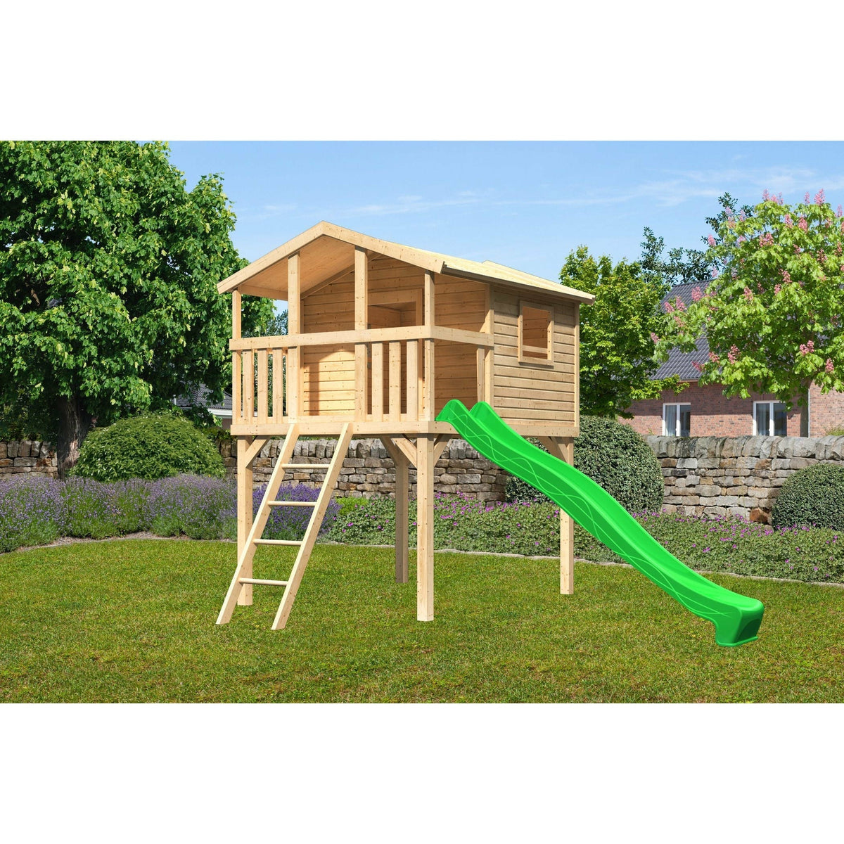 Casetta su palafitte Akubi "Benjamin" SET PROMOZIONE2 in legno naturale con scivolo verde