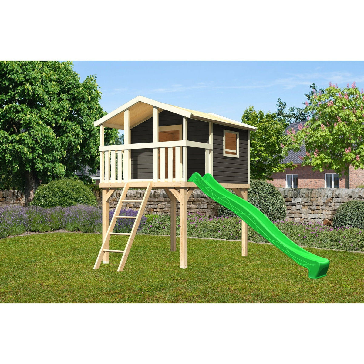 Akubi Casetta su palafitte "Benjamin" SET PROMOZIONE2 grigio terra con scivolo verde