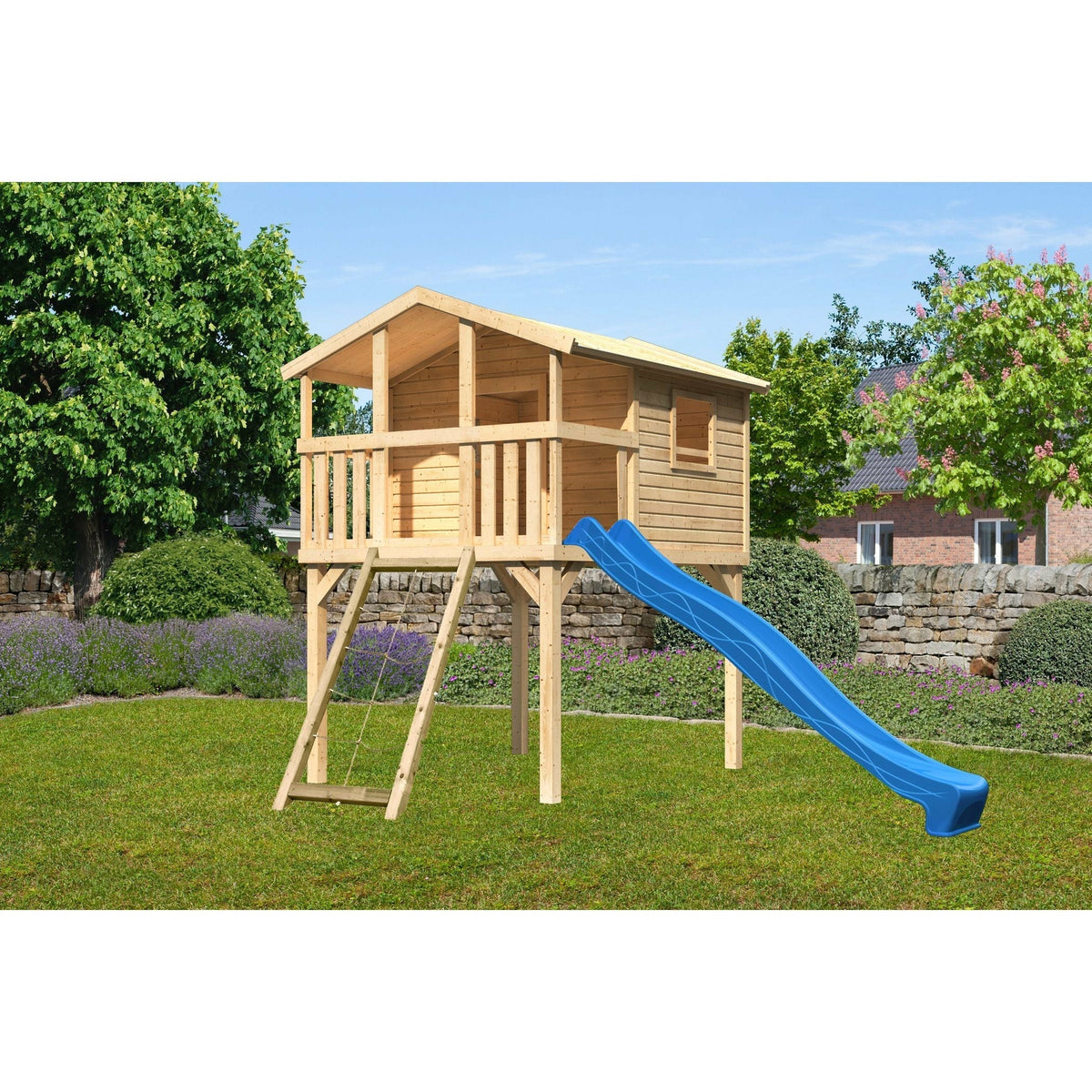 Casetta su palafitte Akubi "Benjamin" OFFERTA SPECIALE2 in legno naturale con rampa a rete e scivolo blu