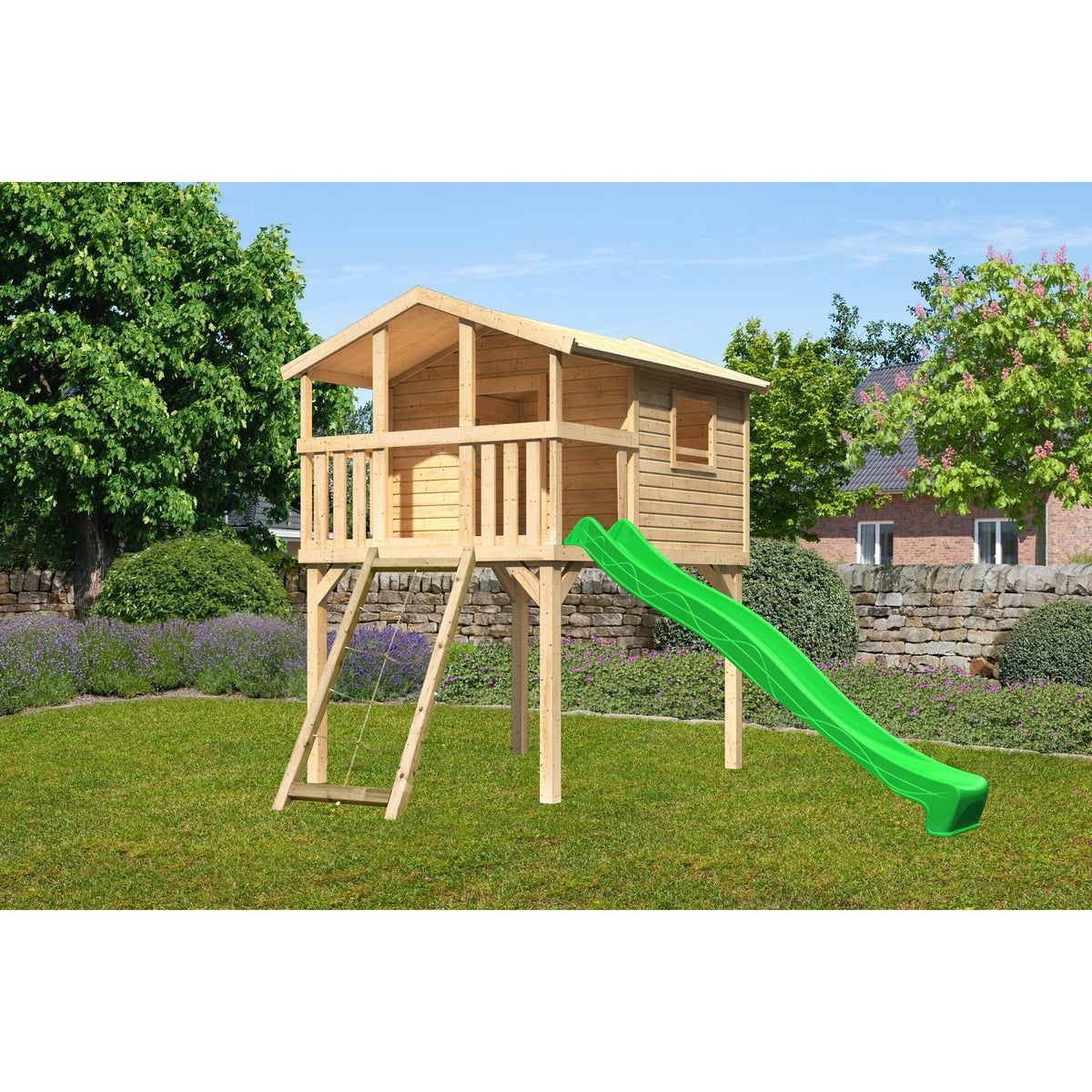 Casa su palafitte Akubi "Benjamin" SET PROMO2, legno naturale, con rampa a rete e scivolo verde